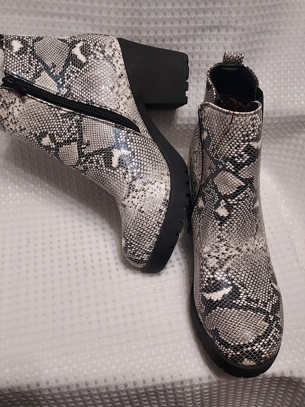 Snake-Print Block Heel Ankle Boots in White/Black